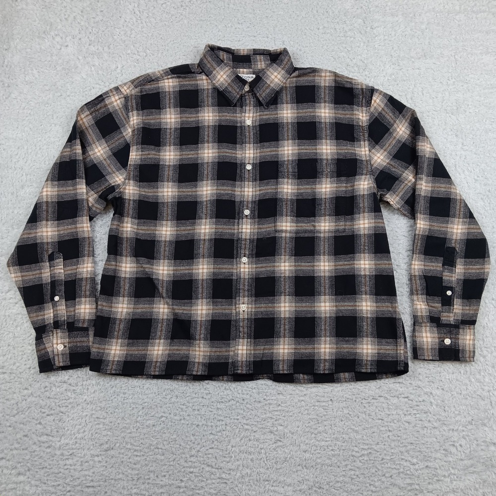 Arizona‎ Flannel Boxy Fit Shirt L Black Tan Plaid Cotton Button Down RN93677